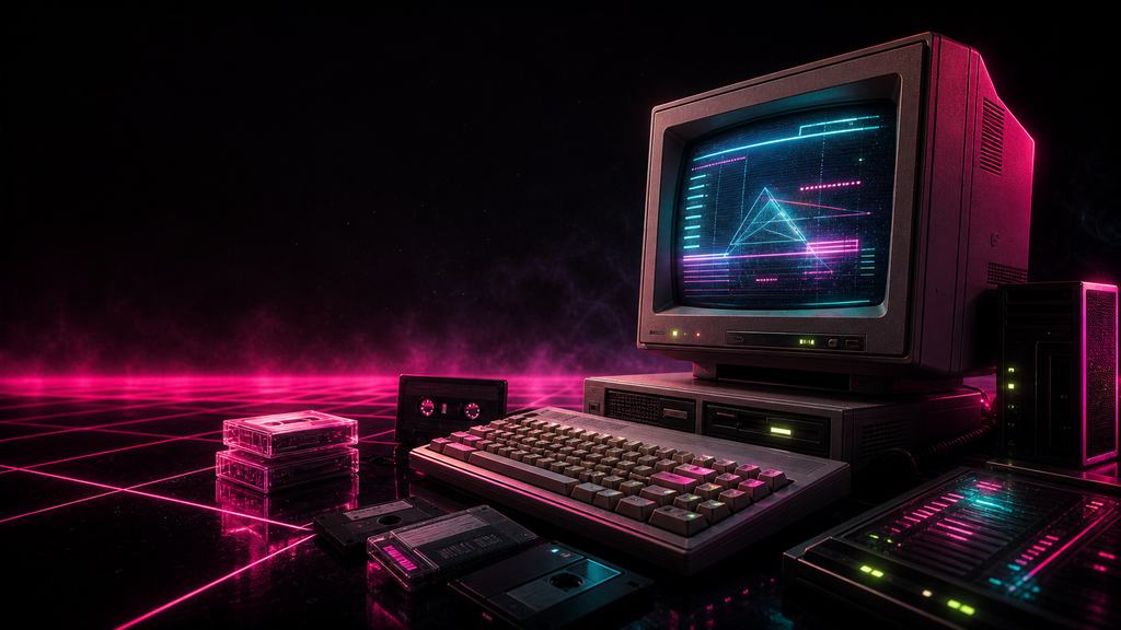 Retro-futuristic CRT workstation glowing in neon light
